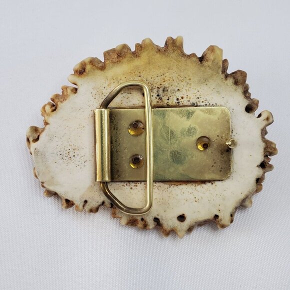 VTG Elk Antler Belt Buckle With Pewter Ram Big Horn Sheep Head Design 4x3 inches - Picture 8 of 8